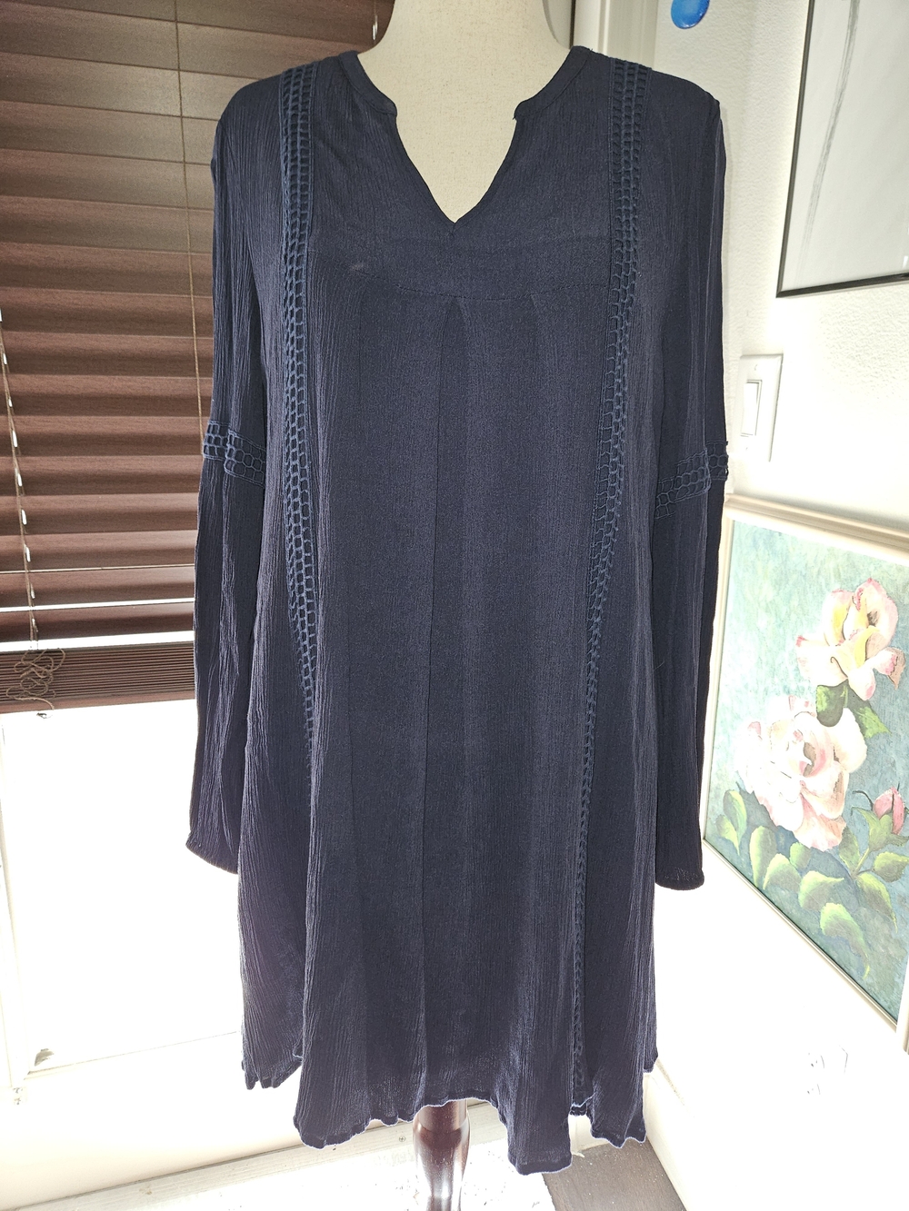 Crown & Ivy Navy Long-Sleeve V-Neck Dress with Ladder Trim